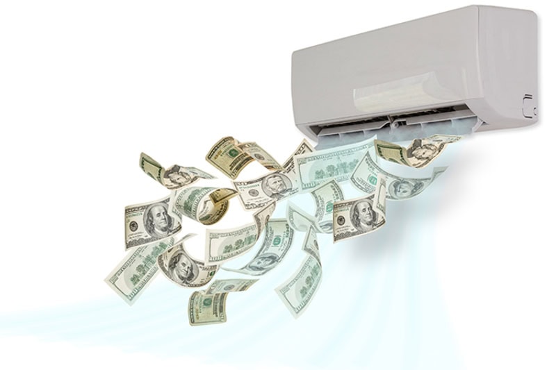 Ductless system blowing out 0 bills, representing ways to save money on your AC and energy bill over the summer.