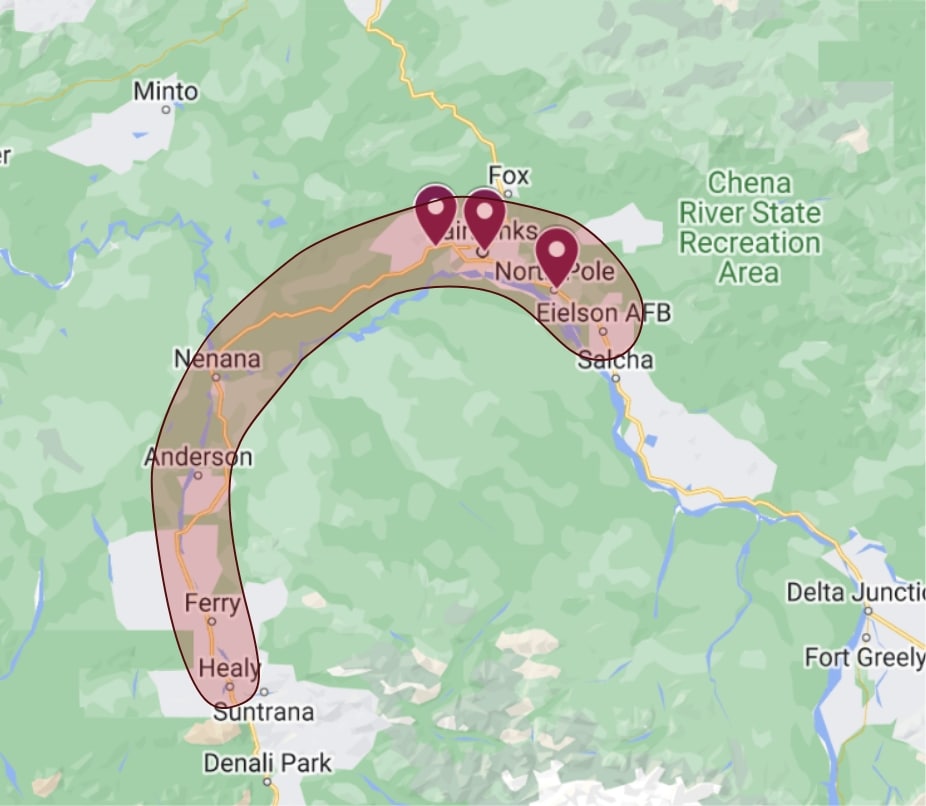 Service area map for HeatSource Mechanical, covering Wasilla, Fairbanks, and throughout the Matanuska-Susitna Borough.