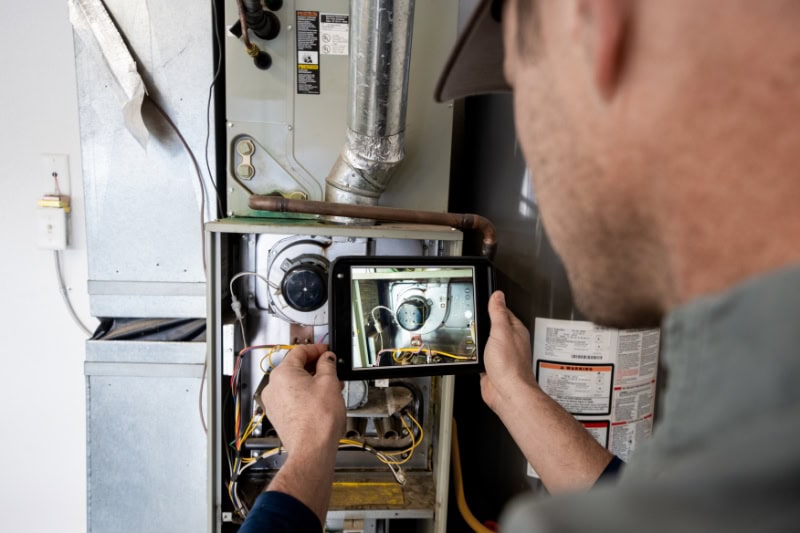 Technician using tablet to take a picture of homeowner's furnace for HVAC warranty purposes.