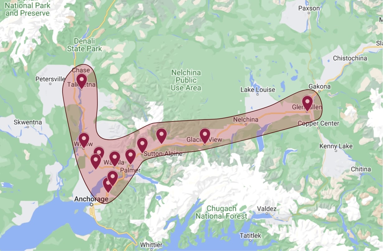 Service area map for HeatSource Mechanical, covering Wasilla, AK, Fairbanks, and the Matanuska-Susitna Borough.